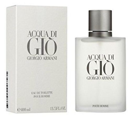Giorgio Armani Acqua di Gio Eau de Toilette bottle and its matching packaging box, both in a clean white and silver color scheme.