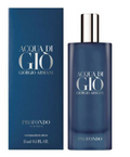 Acqua di Gio Profondo by Giorgio Armani perfume bottle and its blue packaging box, featuring a metallic silver cap and silver lettering.