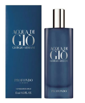 Acqua di Gio Profondo by Giorgio Armani perfume bottle and its blue packaging box, featuring a metallic silver cap and silver lettering.