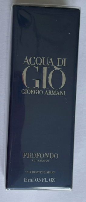 Giorgio Armani Acqua di Gio Profondo Eau de Parfum 5ml box, featuring a dark navy blue background with gold lettering.
