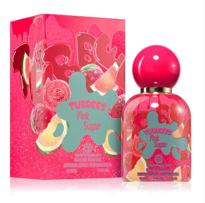 Tubefeez Pink Sugar Eau de Toilette bottle and its matching pink packaging box, decorated with watermelon and gummy candy illustrations.