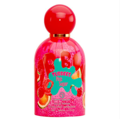 Pink bottle with colorful label on a white background