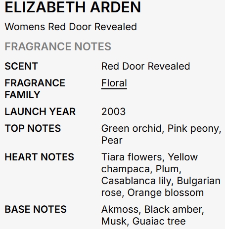A text-based fragrance notes card for Elizabeth Arden's 'Womens Red Door Revealed', detailing scent, fragrance family, launch year, top notes, heart notes, and base notes.