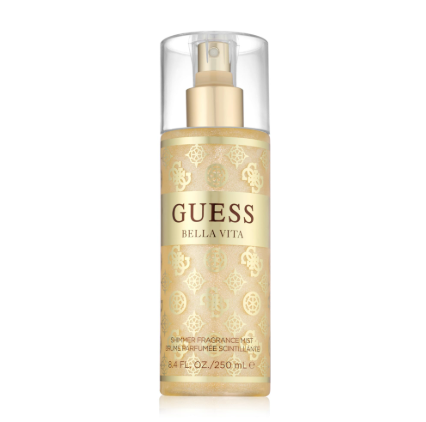 GUESS Bella Vita Evaporating Fragrance Mist in a 250 mL clear bottle with a gold pump and a beige patterned label, shown on a white background.