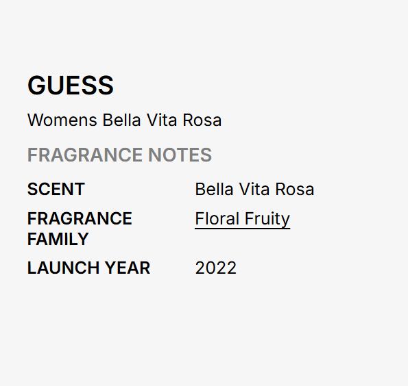A text-based fragrance note card for Guess Women's Bella Vita Rosa, showing scent, fragrance family, and launch year on a light gray background.