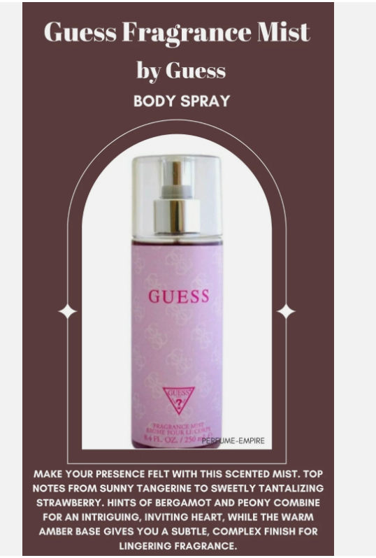 Guess Fragrance Mist by Guess body spray bottle in a light pink shade with a silver pump, presented on a dark brown graphic card with text describing the scent notes.