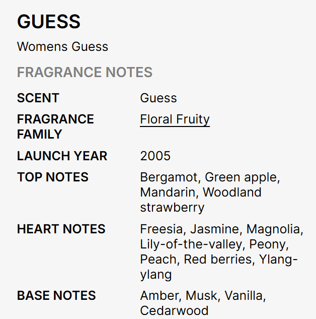 A text-based fragrance notes card for Guess, showing the brand name at the top, 'Womens Guess' underneath, and 'FRAGRANCE NOTES' in gray. The notes list the scent as 'Guess', categorized under 'Floral Fruity', with launch year 2005, and top, heart, and base notes detailed in black text on a light gray background.