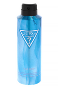 Guess Elements Blue Frost deodorant spray can, featuring a blue marbled design with a black spray cap and the classic triangular Guess logo on the front.