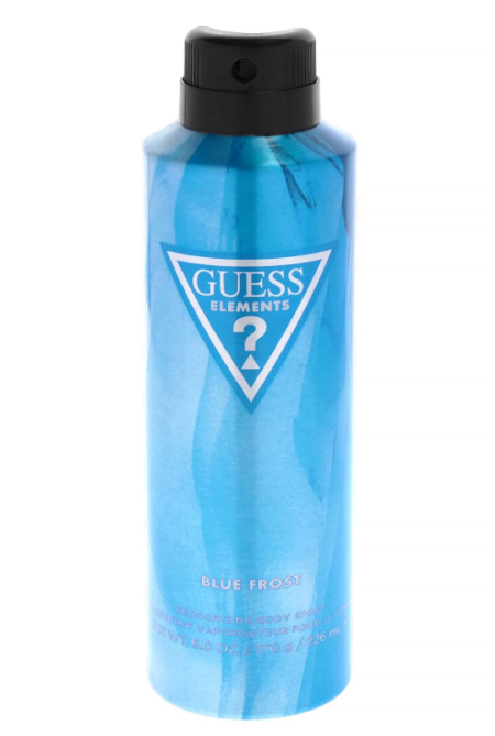 Guess Elements Blue Frost deodorant spray can, featuring a blue marbled design with a black spray cap and the classic triangular Guess logo on the front.