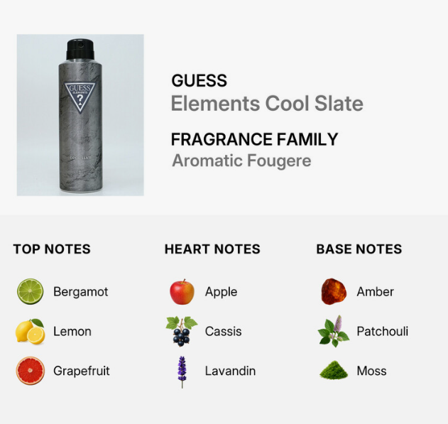 A product information graphic for GUESS Elements Cool Slate fragrance. It shows a gray cylindrical bottle with a black cap on the left, and text on the right identifying the scent as Cool Slate from the Fragrance Family Aromatic Fougere.