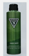 A green Guess Elements deodorizing body spray can with a black cap, shown against a light gray background.