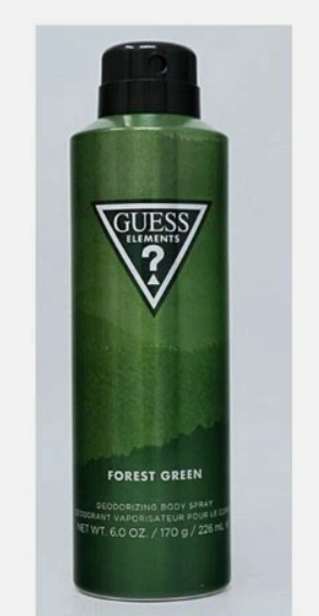A green Guess Elements deodorizing body spray can with a black cap, shown against a light gray background.