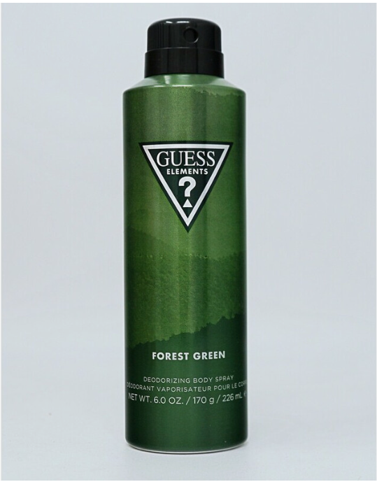 A green Guess Elements Forest Green deodorizing body spray can with a black cap, shown against a light gray background.