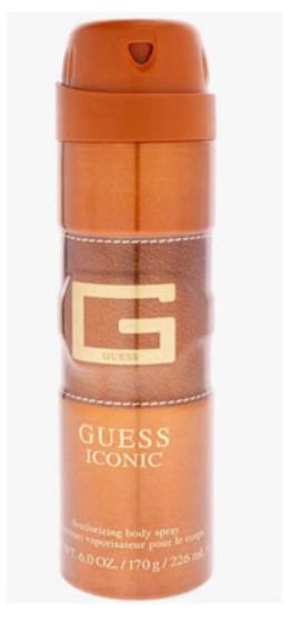 Guess Iconic Deodorant Body Spray in a metallic copper-brown cylindrical can with a matching cap.