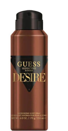Guess Seductive For Men Desire Deodorizing Body Spray in a metallic bronze-brown aerosol can with a black cap and black label featuring gold lettering.
