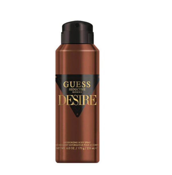A bottle of Guess Seductive Desire Deodorant Spray on a plain white background. The bottle is metallic bronze-brown with a black cap and a black label featuring gold lettering.