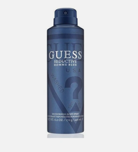 A single aerosol can of Guess Seductive Homme Blue deodorant body spray, shown against a plain light gray background.