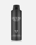 A black aerosol can of GUESS Seductive Homme deodorizing body spray, featuring silver lettering and a black cap, set against a light gray background.