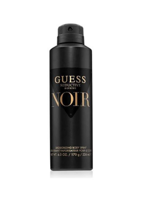 A black can of Guess Seductive Homme Noir body spray, featuring gold lettering on a clean white background.