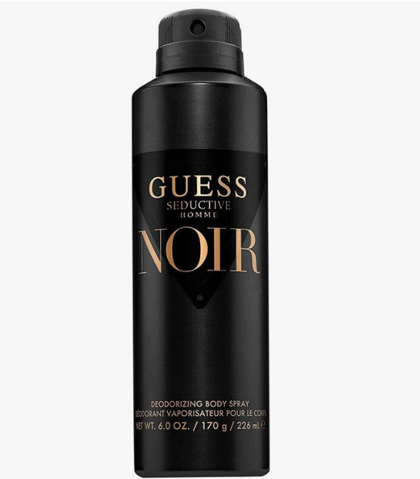 A black can of GUESS Seductive Homme Noir deodorizing body spray, featuring gold lettering on a clean white background.