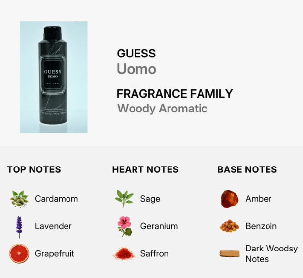 Guess Uomo Woody Aromatic fragrance bottle shown next to a notes breakdown on a light gray background. The bottle is dark with a black cap and a silver label.