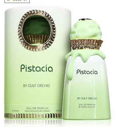 Pistacia Eau de Parfum bottle and matching cylindrical box by Gulf Orchid, both in a pale pistachio green color with gold accents and a glossy finish, set against a plain white background.