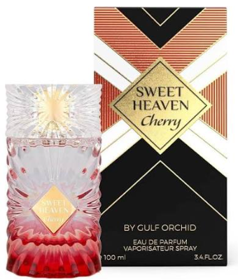 Sweet Heaven Cherry Eau de Parfum by Gulf Orchid, featuring a faceted crystal spray bottle with a red gradient base and a matching geometric patterned retail box.