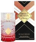 Sweet Heaven Cherry Eau de Parfum by Gulf Orchid, featuring a faceted crystal spray bottle with a red gradient base and a matching geometric patterned retail box.