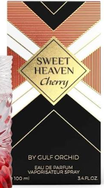 Sweet Heaven Cherry Eau De Parfum bottle packaging by Gulf Orchid, featuring a black and gold geometric design with a diamond-shaped gold label in the center.