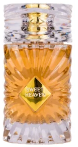 Sweetheaven Eau de Toilette perfume bottle with faceted clear crystal design and golden-yellow liquid inside, featuring a gold diamond-shaped label with the brand name.