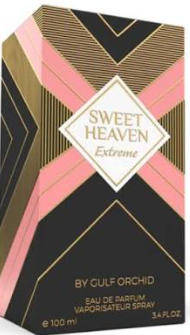 Sweet Heaven Extreme Eau de Parfum box by Gulf Orchid, featuring a geometric pattern of black, pink, and gold.