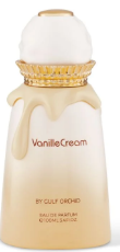 A bottle of Vanille Cream body butter by Gold Crown, featuring a cream-colored body with a gold cap and a white dome-shaped top, set against a plain white background.