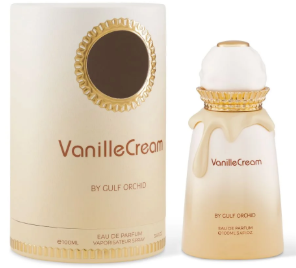 Vanille Cream Eau de Parfum bottle and its cylindrical cardboard packaging box by Gulf Orchid, both in a warm cream color with gold accents.