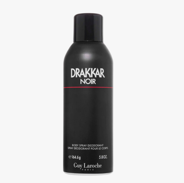 Guy Laroche Drakkar Noir Body Spray for Men 5.8 fl oz 172ml – bottle on white background, aromatic fougere bold dark powerful masculine fragrance spray