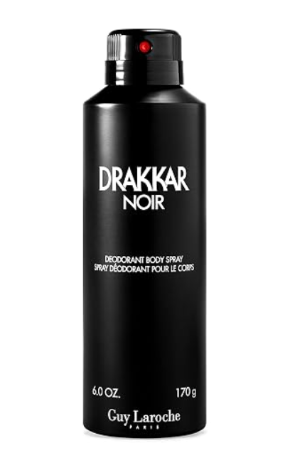 Guy Laroche Drakkar Noir Body Spray for Men 5.8 fl oz 172ml – upright bottle on white background, iconic aromatic fougere masculine fragrance spray by Guy Laroche