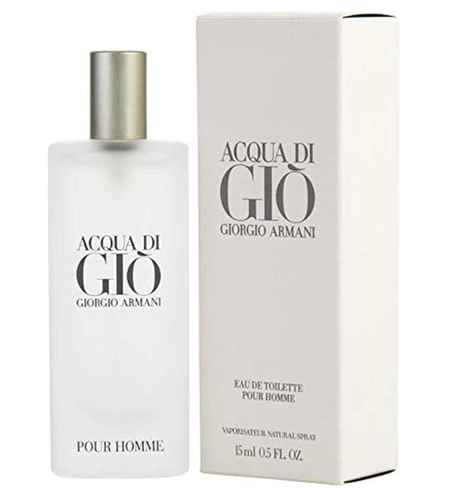Giorgio Armani Acqua di Gio Pour Homme Eau de Toilette bottle next to its white packaging box, featuring a silver cap and black lettering.