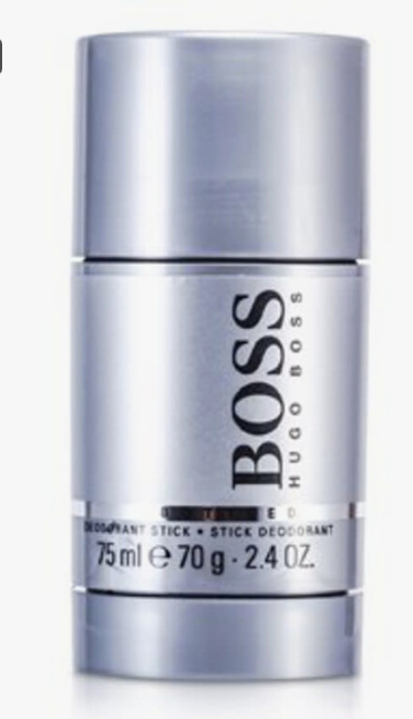 A silver Hugo Boss deodorant stick container with black text on a white background.