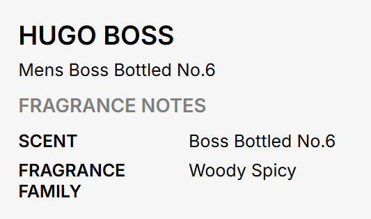 Text card showing Hugo Boss Mens Boss Bottled No.6 fragrance information with scent notes labeled Woody Spicy on a light gray background.