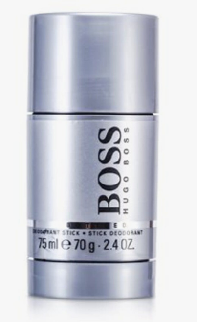 Hugo Boss Boss Deodorant Stick in a metallic silver cylindrical container, featuring the Hugo Boss logo in black text on the front.
