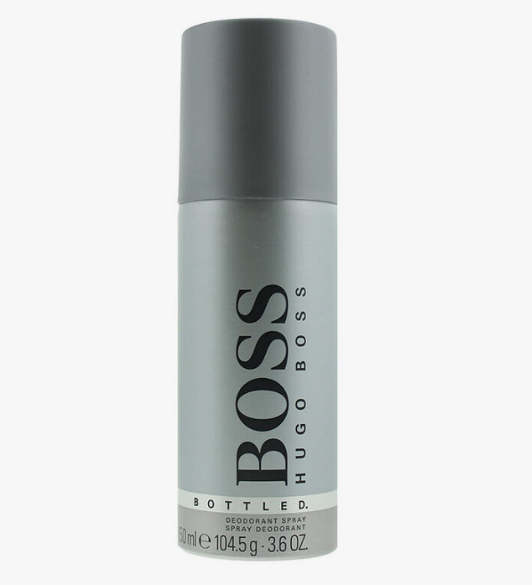 Hugo Boss Bottled deodorant spray can in a matte gray color, featuring the brand name 'BOSS HUGO BOSS' in black text on a clean white background.