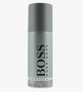 Hugo Boss Bottled deodorant spray can in a matte gray color, featuring the brand name 'BOSS HUGO BOSS' in black text on a clean white background.