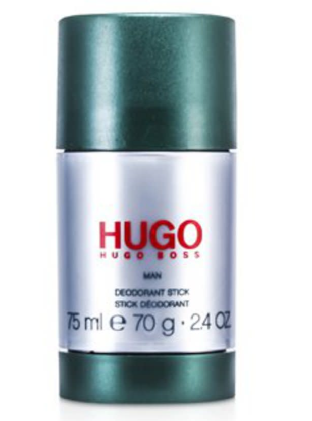 Hugo Boss Hugo deodorant stick for men in a metallic silver and dark green cylindrical container, with red and black branding on the front.