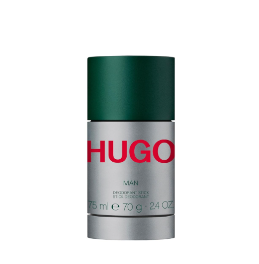 Hugo Man deodorant stick in a silver cylindrical container with a dark green cap, featuring the brand name 'HUGO' in red on the front, set against a plain white background.