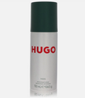A 150 mL can of Hugo Man deodorant spray, featuring a metallic silver body with the brand name 'HUGO' in red and a dark green cap, set against a light gray background.