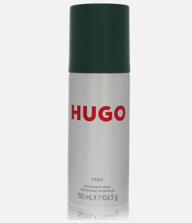 A 150 mL can of Hugo Man deodorant spray, featuring a metallic silver body with the brand name 'HUGO' in red and a dark green cap, set against a light gray background.