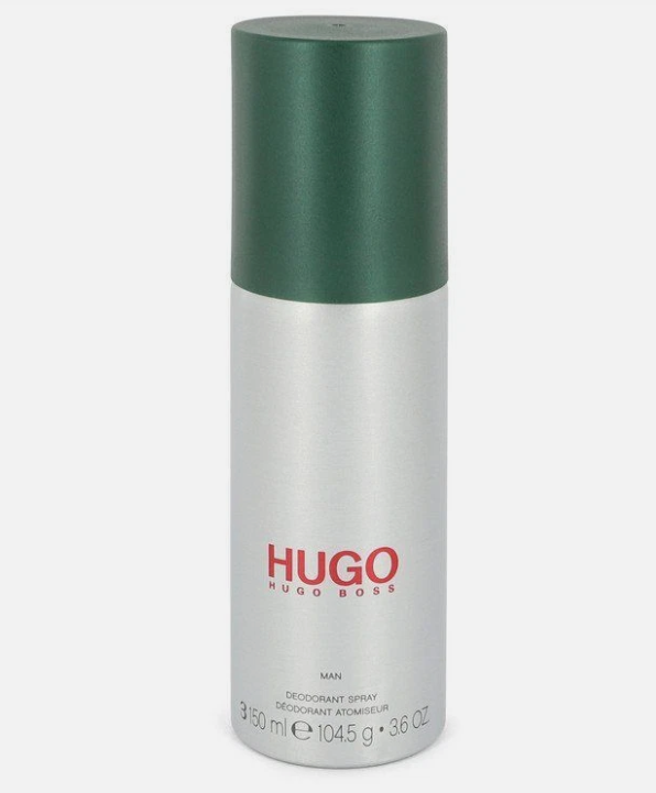 Hugo deodorant spray canister for men, featuring a metallic silver body with a dark green cap and red logo text, set against a plain light gray background.