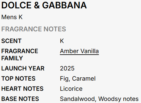 A text-based fragrance notes card for Dolce & Gabbana Mens K, labeled 'Fragrance Notes' with 'Amber Vanilla' underlined, plus launch year 2025 and scent notes including Fig, Caramel, Licorice, and Sandalwood.
