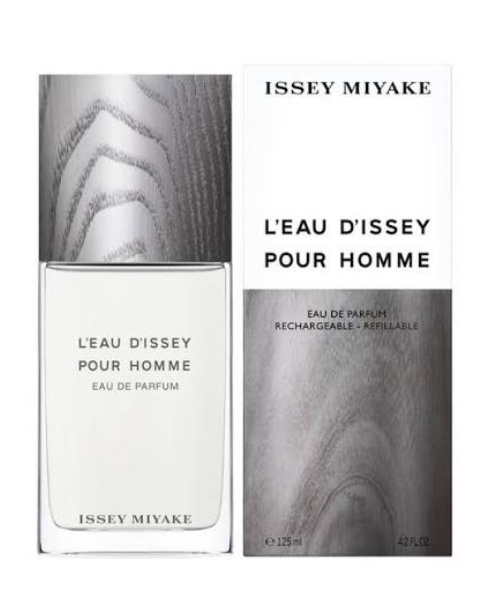 Issey Miyake L'Eau D'Issey Pour Homme Eau De Parfum bottle and refillable packaging box, featuring a white and gray abstract wood grain design.