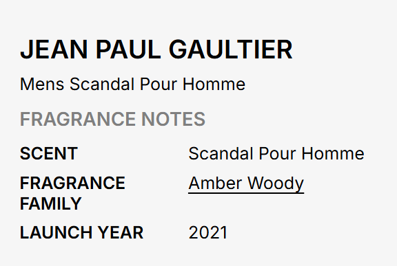 A text-based fragrance note card for Jean Paul Gaultier's 'Mens Scandal Pour Homme' showing 'Amber Woody' as the fragrance family and launch year 2021.