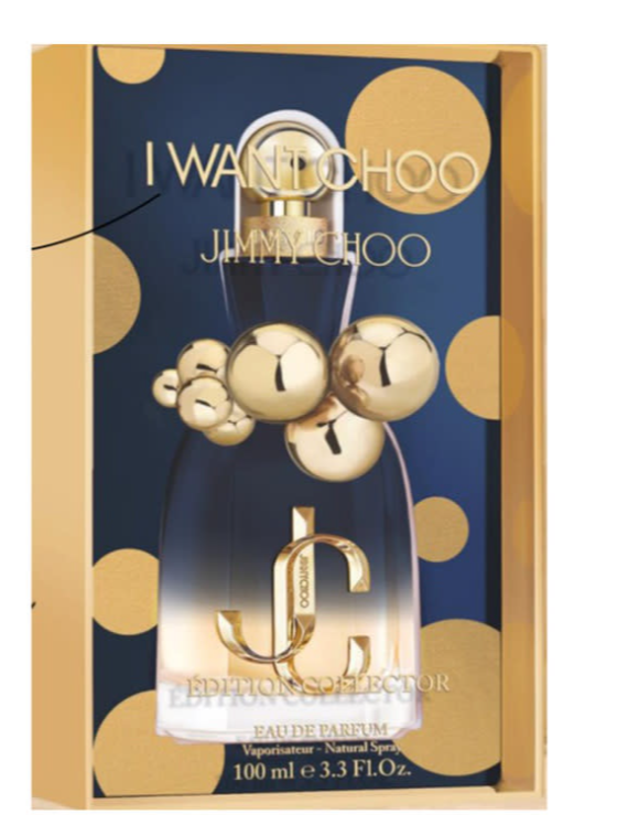 Jimmy Choo I Want Choo Edition Selector Eau de Parfum 100ml bottle in its original gold and navy blue packaging box.